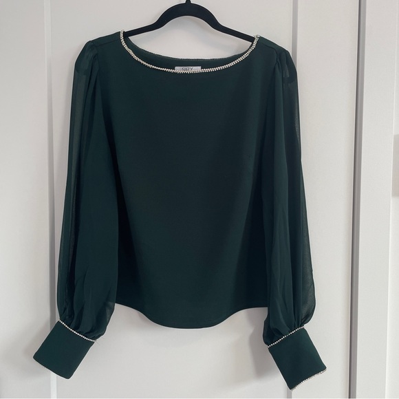 Suzy Shier Tops - Suzy Shier Dark Green Blouse with Diamond Accents